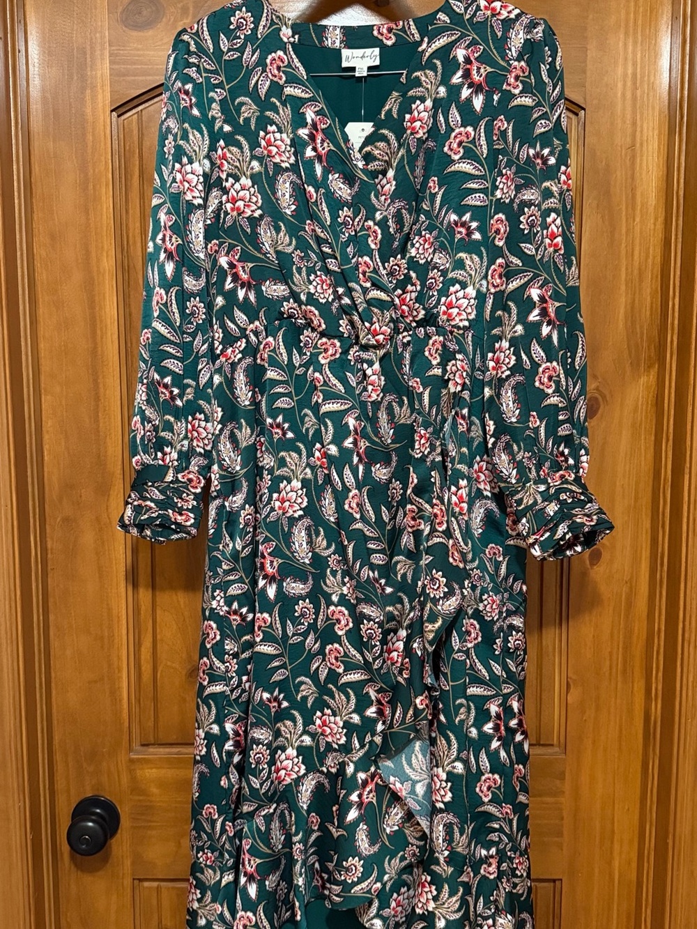Wonderly Petite XL Long Sleeve Faux Wrap Printed Dress in Green Paisley Bloom